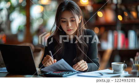 Focused woman analyzing documents and data with laptop in cozy cafe environment 122493285