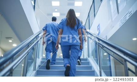 Healthcare professionals in blue scrubs ascending hospital stairs towards medical ward for patient care duties 122493303