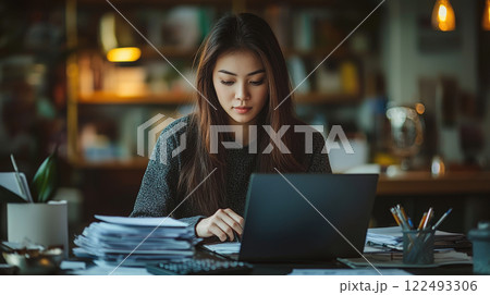 Focused asian young woman working at laptop in cozy office with papers and warm lighting 122493306