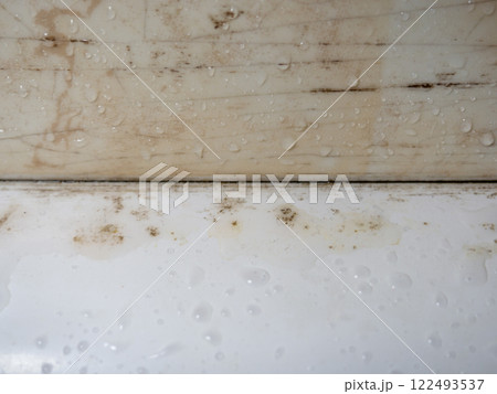 Plumbing. Mold in the bathroom. Black dots of mold and yellow plaque. Black mold Dirt on tiles. Requires cleaning. Plumbing. Mold in the bathroom. Black dots of mold and yellow plaque. Black mold Dirt on tiles. Requires cleaning. 122493537
