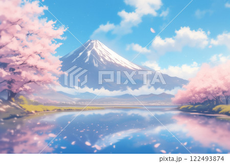 富士山と桜並木の水彩画。日本の春の風景 122493874