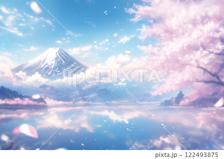 富士山と青空と湖と桜吹雪が舞う日本の春の水彩風イラスト 富士山と青空と湖と桜吹雪が舞う日本の春の水彩風イラスト 122493875