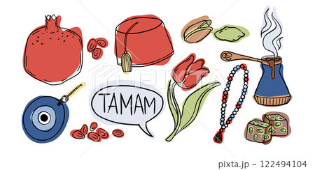 Includes pomegranate, tulip, fez, evil eye, Turkish delight, and coffee pot. A vibrant collection of Turkish cultural symbols and traditions Includes pomegranate, tulip, fez, evil eye, Turkish delight, and coffee pot. A vibrant collection of Turkish cultural symbols and traditions 122494104