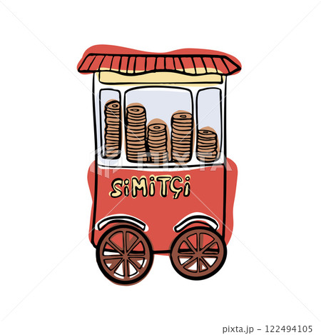 A vibrant simit cart, a classic element of Turkish street food. Perfect for Istanbul or travel-related designs A vibrant simit cart, a classic element of Turkish street food. Perfect for Istanbul or travel-related designs 122494105