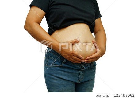 Asian woman show fat belly big size overweight and obesity isolated on white background. Asian woman show fat belly big size overweight and obesity isolated on white background. 122495062