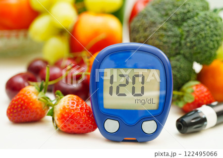 Digital glucose meter food for check sample blood sugar level to treatment diabetes with vegetable and fruit healthy. 122495066