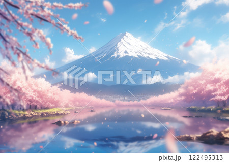 雪をかぶった富士山と桜吹雪。日本の春自然風景の水彩画 122495313