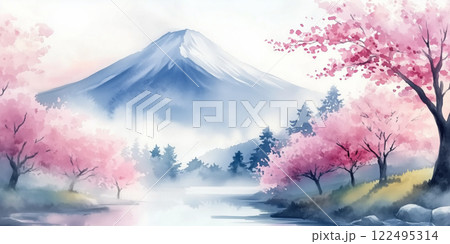 日本の春を象徴する桜と富士山。手描きの水彩画 122495314