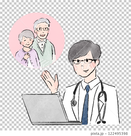 Smiling male doctor having a video call with an elderly couple Online medical consultation Senior couple 122495398