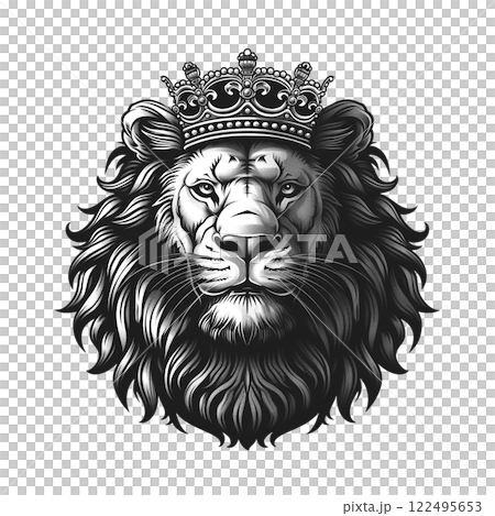 Majestic monochrome lion portrait, intricate crown, regal stare. Powerful. Animal head. 122495653