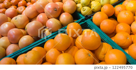 New harvest of citrus fruits on the market, oranges, grapefruits, lemons, mandarines 122495770