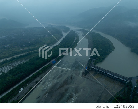 Aerial view of landscape in dujiangyan,Sichuan province,China Aerial view of landscape in dujiangyan,Sichuan province,China 122495955
