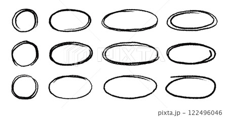 Marker brush marker scribble line circle frame shape set. Hand drawn marker crayon brush stroke highlight round, circular highlight frame element. Scribble sketch round hand drawn vector 122496046