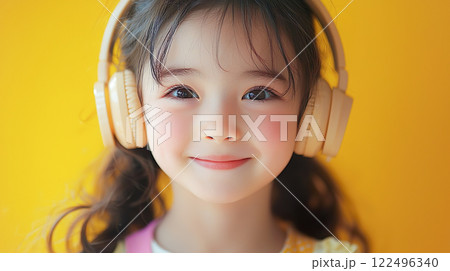 黄色のヘッドフォンを付けた可愛い笑顔の女の子 122496340