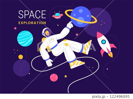 Space Exploration Vector Illustration featuring an Astronaut Floating in Outer Space Among Planets and a Rocket Embarking on a Galaxy Adventure 122496895