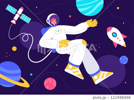 Space Exploration Vector Illustration featuring an Astronaut Floating in Outer Space Among Planets and a Rocket Embarking on a Galaxy Adventure 122496898