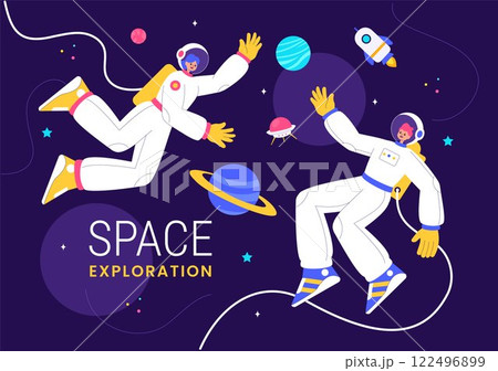Space Exploration Vector Illustration featuring an Astronaut Floating in Outer Space Among Planets and a Rocket Embarking on a Galaxy Adventure Space Exploration Vector Illustration featuring an Astronaut Floating in Outer Space Among Planets and a Rocket Embarking on a Galaxy Adventure 122496899