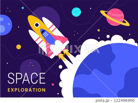Space Exploration Vector Illustration featuring an Astronaut Floating in Outer Space Among Planets and a Rocket Embarking on a Galaxy Adventure 122496900