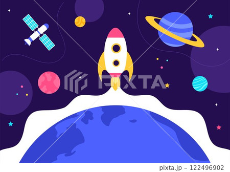 Space Exploration Vector Illustration featuring an Astronaut Floating in Outer Space Among Planets and a Rocket Embarking on a Galaxy Adventure 122496902