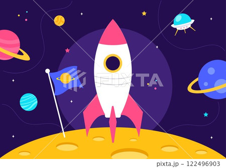 Space Exploration Vector Illustration featuring an Astronaut Floating in Outer Space Among Planets and a Rocket Embarking on a Galaxy Adventure Space Exploration Vector Illustration featuring an Astronaut Floating in Outer Space Among Planets and a Rocket Embarking on a Galaxy Adventure 122496903