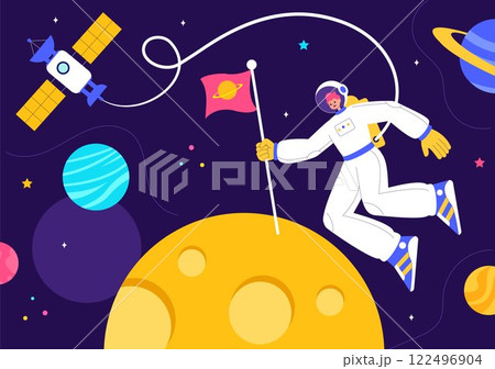 Space Exploration Vector Illustration featuring an Astronaut Floating in Outer Space Among Planets and a Rocket Embarking on a Galaxy Adventure Space Exploration Vector Illustration featuring an Astronaut Floating in Outer Space Among Planets and a Rocket Embarking on a Galaxy Adventure 122496904