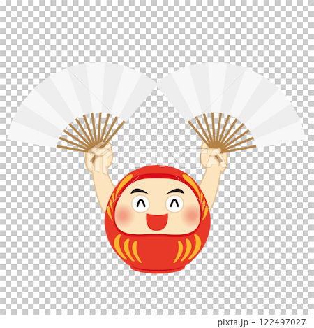 Illustration of a Daruma doll holding a white fan in each hand 122497027