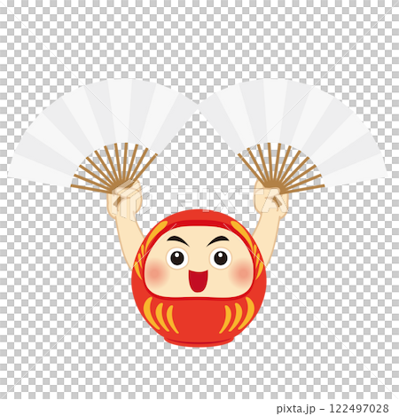 Illustration of a Daruma doll holding a white fan in each hand 122497028