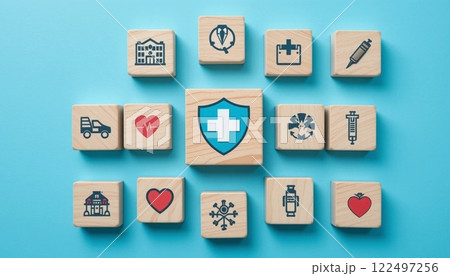 Health Insurance and Medical Care Concept with Wooden Blocks and Healthcare Icons on Blue Background. Health Insurance and Medical Care Concept with Wooden Blocks and Healthcare Icons on Blue Background. 122497256