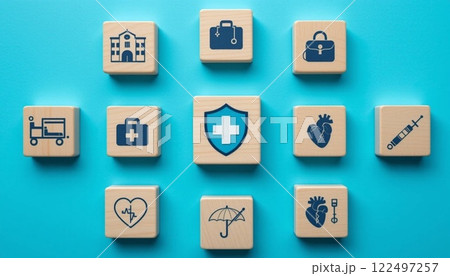 Health Insurance and Medical Care Concept with Wooden Blocks and Healthcare Icons on Blue Background. Health Insurance and Medical Care Concept with Wooden Blocks and Healthcare Icons on Blue Background. 122497257