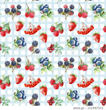 Fresh garden berries on checkered background seamless pattern. Hand drawn blueberry, raspberry, strawberry, blackberry fruit. Garden berries vintage style illustration seamless pattern design element Fresh garden berries on checkered background seamless pattern. Hand drawn blueberry, raspberry, strawberry, blackberry fruit. Garden berries vintage style illustration seamless pattern design element 122497331