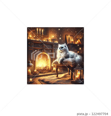 暖炉の部屋でくつろぐ白い猫 122497704