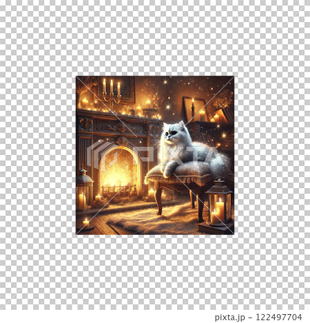 暖炉の部屋でくつろぐ白い猫 122497704