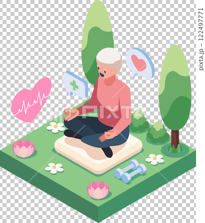 Isometric Elderly Meditating in a Park with Health and Wellness Icon 122497771