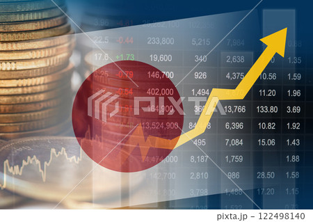 Japan flag with stock market finance, economy trend graph digital technology. Japan flag with stock market finance, economy trend graph digital technology. 122498140