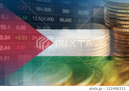 Palestine flag with stock market finance, economy trend graph digital technology. Palestine flag with stock market finance, economy trend graph digital technology. 122498151