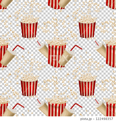 Popcorn in bags and boxes. scatters in different directions. drinks in paper glasses. Seamless pattern with snack. Watercolor illustration without background. Red stripe. Classic retro style. Popcorn in bags and boxes. scatters in different directions. drinks in paper glasses. Seamless pattern with snack. Watercolor illustration without background. Red stripe. Classic retro style. 122498357