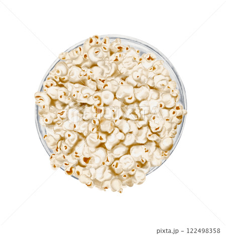 Popcorn in a glass bowl. Top view. Round plate with snacks. watercolor illustration isolated from background. Popcorn for packaging and menu. An airy, salty, sweet party snack. 122498358