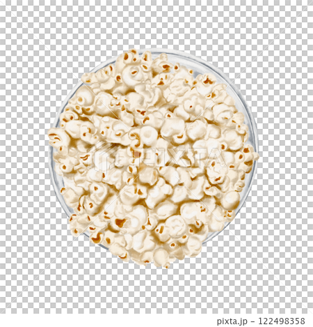 Popcorn in a glass bowl. Top view. Round plate with snacks. watercolor illustration isolated from background. Popcorn for packaging and menu. An airy, salty, sweet party snack. 122498358