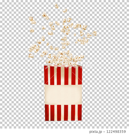 Popcorn flies out of a paper bag. A small crispy snack flies in different directions. Striped paper bag. Classic retro style for movies and parties. watercolor illustration isolated from background.  122498359