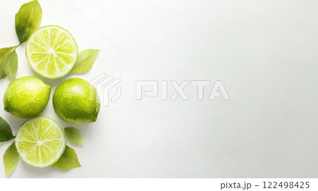 Fresh green limes with leaves on light background, perfect for culinary use 122498425
