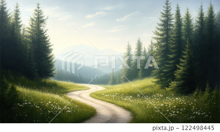 serene winding road through lush summer forest landscape 122498445