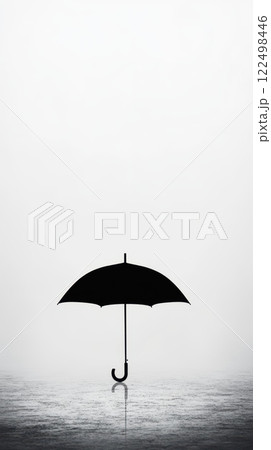 simple black umbrella silhouette stands alone in misty environment simple black umbrella silhouette stands alone in misty environment 122498446
