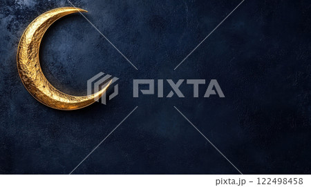 Stylized golden crescent moon on dark textured background 122498458