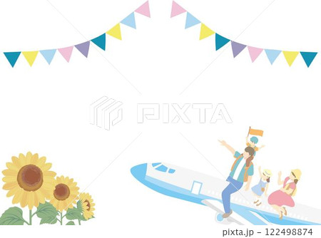 トラベル　夏　家族　ファミリー　キッズ　飛行機　旅行　アイソメトリック風　背景　イラスト素材 122498874