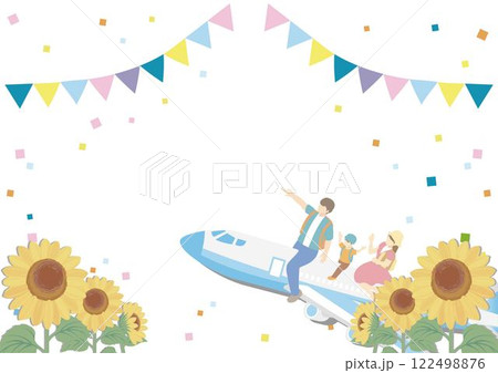 トラベル　夏　家族　ファミリー　キッズ　飛行機　旅行　アイソメトリック風　背景　イラスト素材 122498876