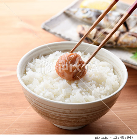 ご飯にのせた梅干し 紀州南高梅 （ はちみつ梅 ） 122498947