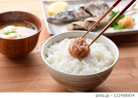 ご飯にのせた梅干し 紀州南高梅 （ はちみつ梅 ） 122498954