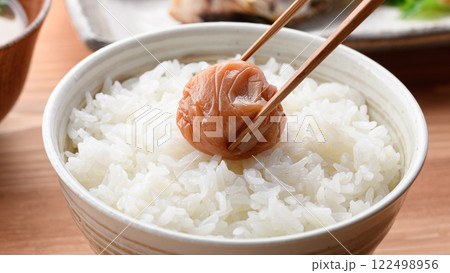 ご飯にのせた梅干し 紀州南高梅 （ はちみつ梅 ） 122498956