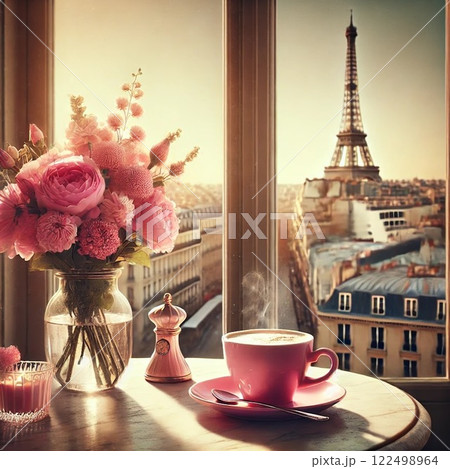 部屋の窓際のコーヒーと紫陽花と珈琲 122498964