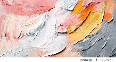 抽象油絵横長バナー。グレー・ピンク・黄色・白の立体的な背景。AI生成画像 122498971